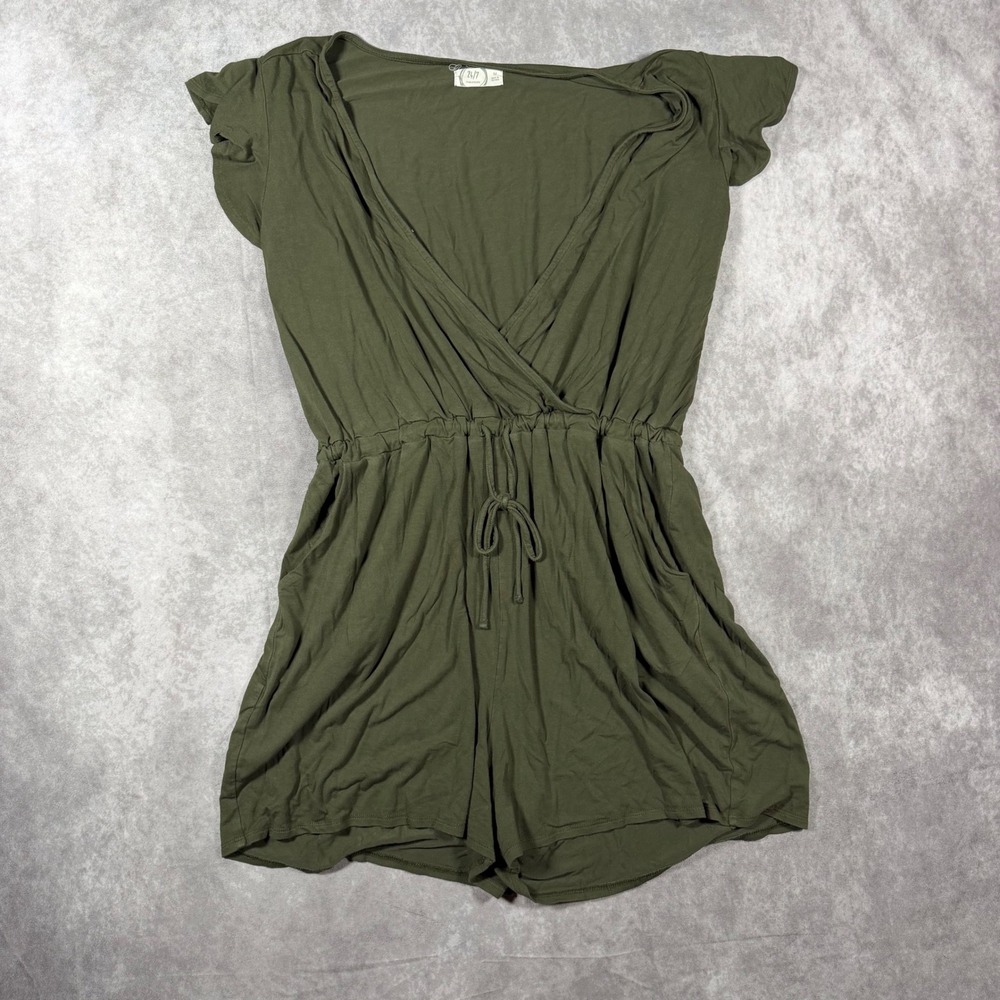 Maurices 24/7 Olive Green Surplice Knit Romper Medium Boho Cottagecore Pockets